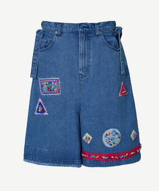 BEADS HAND DRAWING CROPPED DENIM PANTS